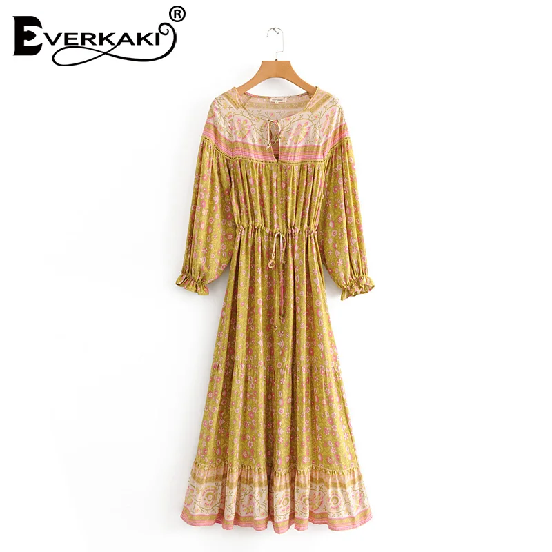 

Everkaki Floral Print Boho Maxi Dress Women Autumn Sashes Adjustable Belt Tied Casual Ladies Long Dresses Female 2019 Winter New