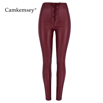 

Camkemsey Red Motorcycle Leather Pants Women 2020 Spring Autumn Lace Up Bandage High Waist Stretch Bodycon Leather Pants Capris