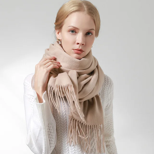 Russia 100% Pure Wool Scarf Women Thicken Warm Echarpe Wraps Ladies Foulard Femme Winter Solid Camel Merino Fine Wool Scarves Beige