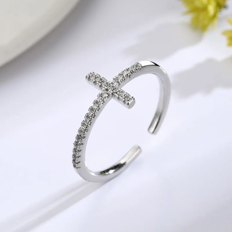Korean Zircon Ring Personality Cross Open Adjustable Finger Rings for Women Fashion Silver Color Jewelry Accessories Party Gift - Image 3