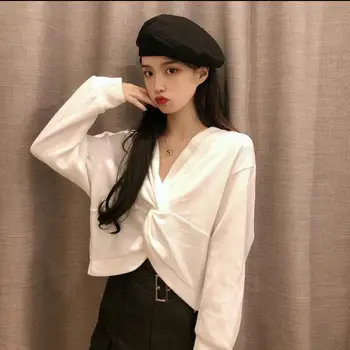 

2020 Autumn New Arrivals V - Neck Exposed Navel Short Loose Long - Sleeved Sweatshirt Women Solid Color Sweatshirt Free Shipping