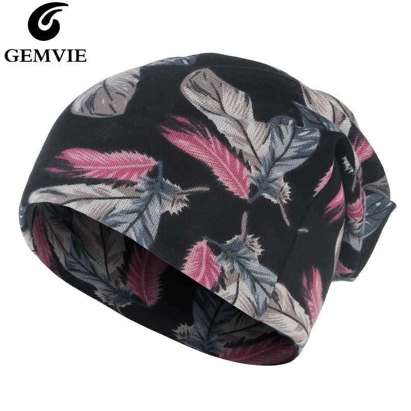 

GEMVIE New Feather Print Scarf Mask Cap Dual Use Winter Hat Baggy Slouchy Beanie For Women Stretch Soft Skullies