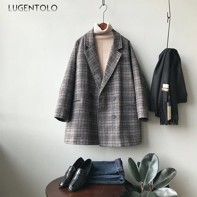 Lugentolo, Женское шерстяное осенне-зимнее шерстяное пальто, свободное повседневное корейское винтажное клетчатое элегантное пальто средней длины с отложным воротником