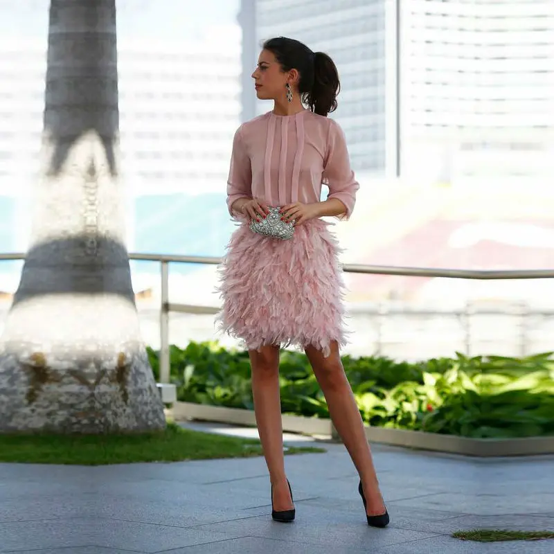

Женское коктейльное платье, розовое короткое платье с рукавом 2019 и высоким воротником, для выпускного вечера,