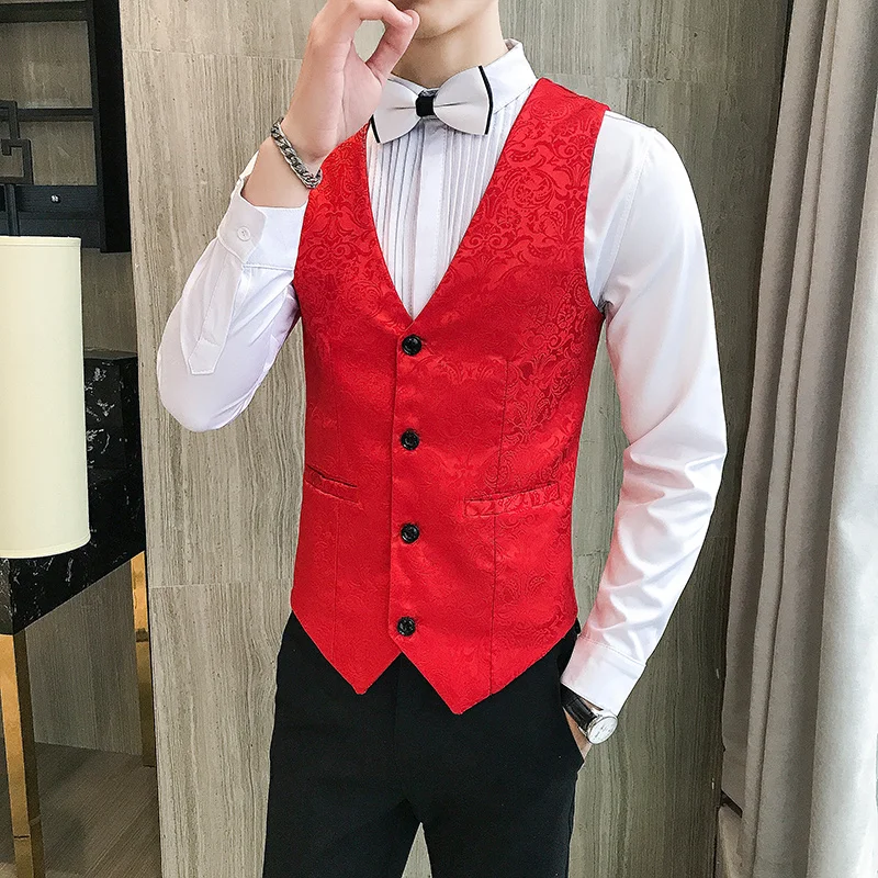 

Men Vest Embossing Single Breasted V-neck Waistcoats Mens Slim Suit Vest Casual Sleeveless Jacket Vests For Wedding Groomsmen
