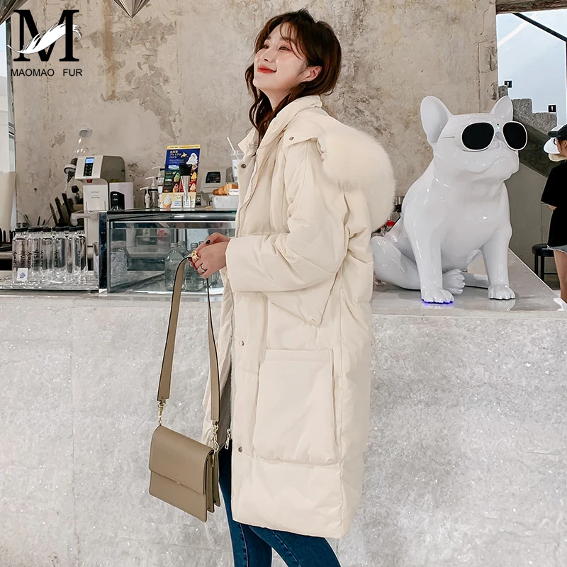 Goedkoop Winter Jas Vrouwen Witte Eend Donsjack Grote Wasbeer Bontkraag Uitloper Winddicht Losse Jas Dikke Warme Down Lange Parka