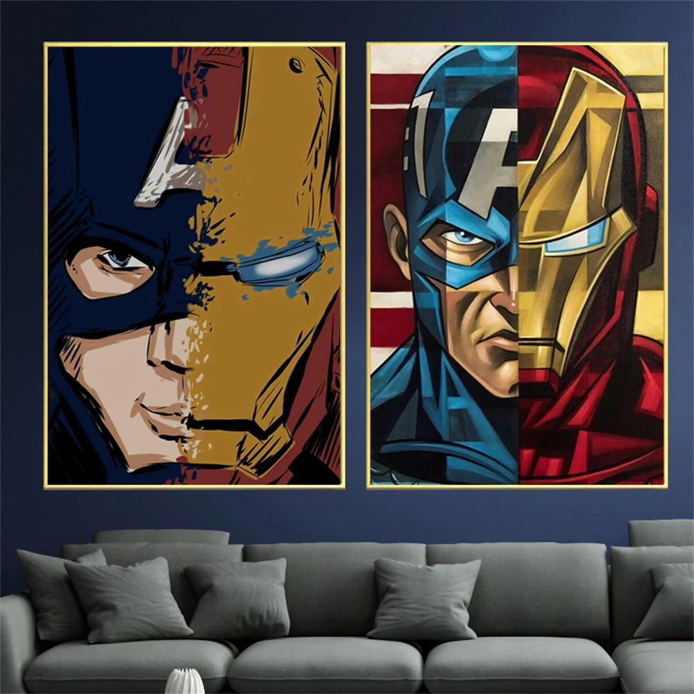 Marvel Iron Man Captain America Half Face To Face Canvas Painting Anime Posters And Prints Wall Art Pictures For Kids Home Decor Painting Calligraphy Aliexpress