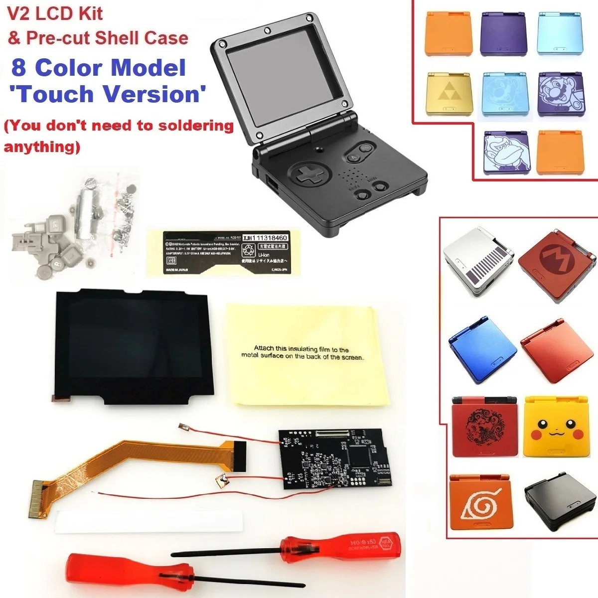 Touch Version GameBoy LCD 8 Color Models V2 iPS Backlit LCD For Game Boy Advance SP For GBA SP Console And Pre-cut Shell Case