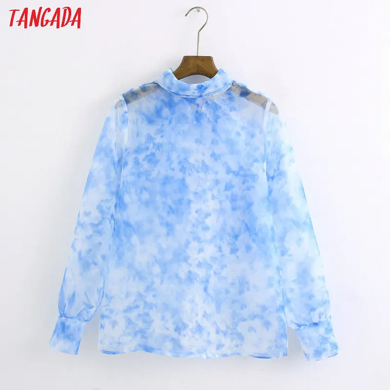 

Tangada female chic tie dye oragnza print transparent shirt back bow long sleeve see through blouse casual fashion tops 6Z14