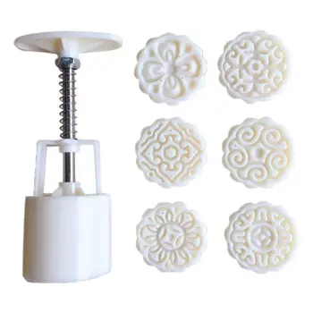 

6pcs 3D Flowers Stamps Moon Cake Decor Mould Barrel Round Mooncake Mold 50g Pastry Mooncakes Hand DIY Tool 95AA