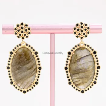 

GG Jewelry 22x33mm Natural Faceted Oval Labradorite Cz Pave stud Earrings
