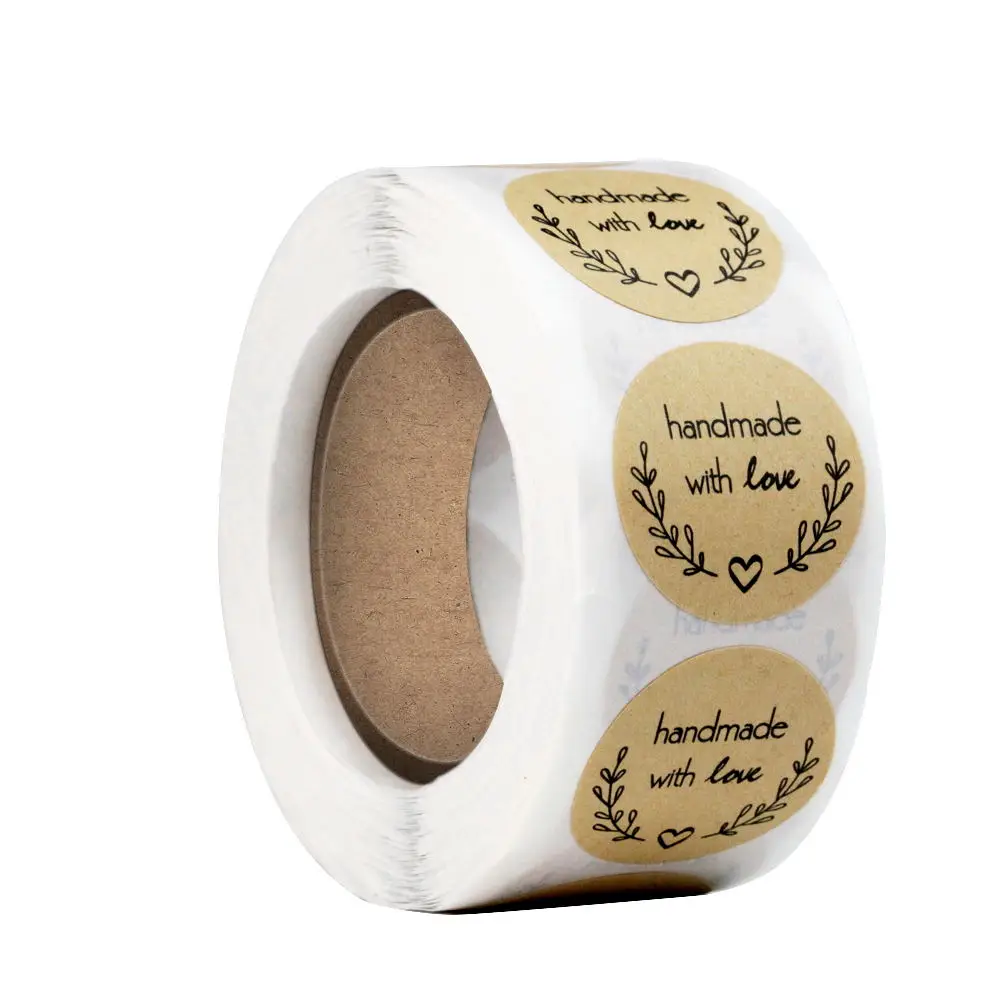 

500Pcs/Roll 1'' Natural Kraft Olive Branch Handmade With Love Stickers Festival Decorations for Home Stickers Tags