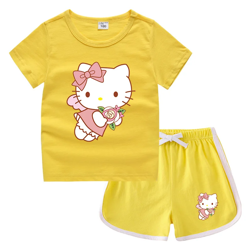 thumbnail image 1 of Nuevo traje de Hello Kitty, camiseta bonita de dibujos animados + Pantalones calientes informales, camisa de fondo de dos piezas absorbente de sudor de algodón caramelo para niños, 1 of 5
