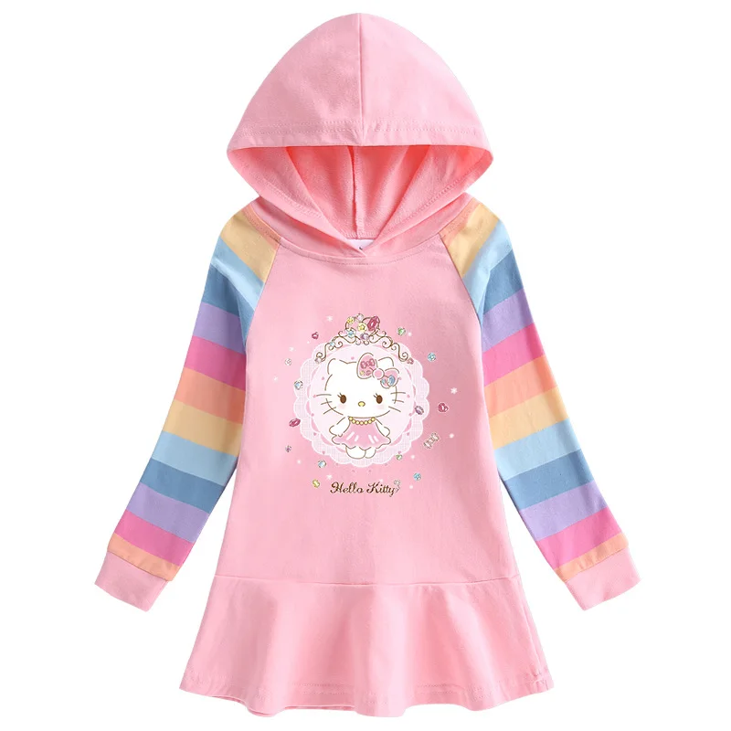 thumbnail image 1 of Hello Kitty-vestido de algodón con dibujos de arcoíris para niñas, suéter con capucha de manga larga, falda de princesa, ropa para niños, primavera y otoño, 1 of 5