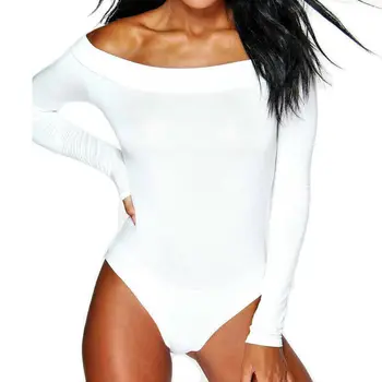 

Fashion New Women Slash Neck Sexy Ladies Off Shoulder Long Sleeve Bodysuit Leotard Top Plain Stretch