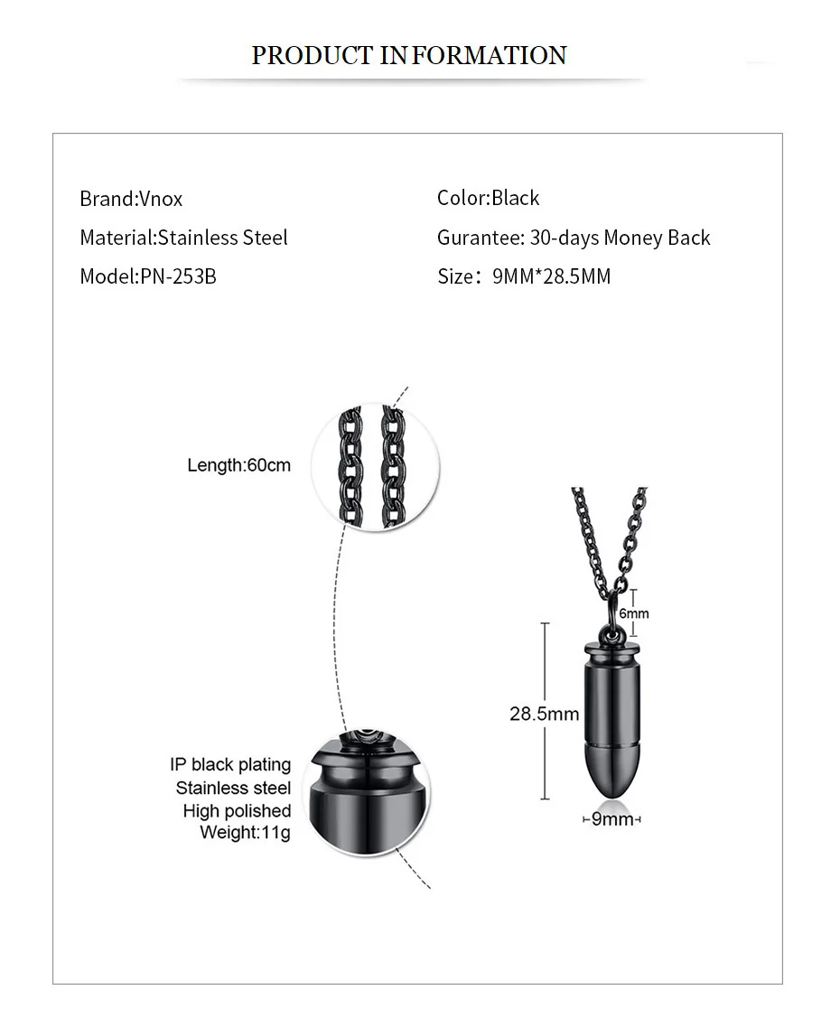Vnox маленькая пуля Подвеска для мужчин и женщин Глянцевая нержавеющая сталь унисекс ожерелье с 2" цепочкой
