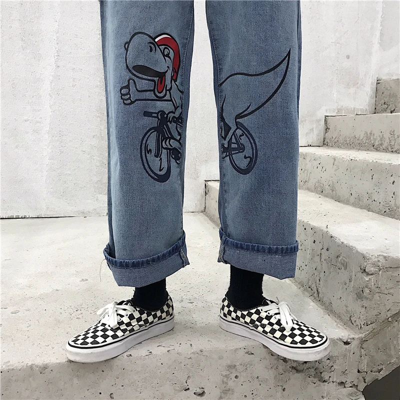 Новые джинсы для женщин Harajuku Мультяшные джинсы милые джинсы динозавра свободные брюки с высокой талией хлопковые женские брюки уличная одежда Комбинезоны