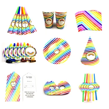 

74pcs Rainbow Stripe Party Decoration Theme Supplies Set Disposable Tableware Paper Plate Cup Napkin Home / Christmas / Hallowee