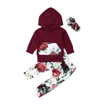 

Autumn Girls Clothing Sets New Kids Casual Tracksuit Pullover Hooded Floral Pants Headwear Outfits Children Clothing Set