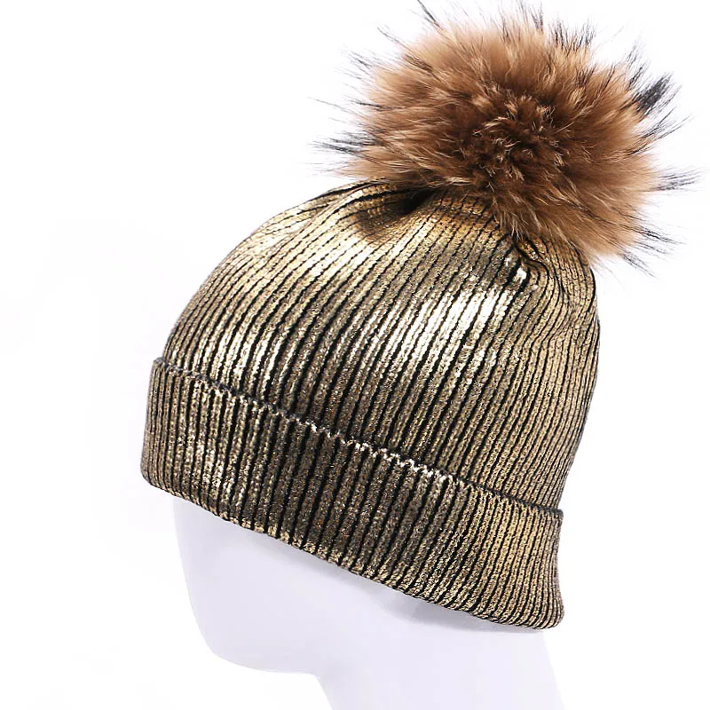 Женская шапочка для девочек с помпоном из натурального меха, зимняя теплая блестящая вязаная шапка с помпоном серебристого и золотого цвета - Цвет: C