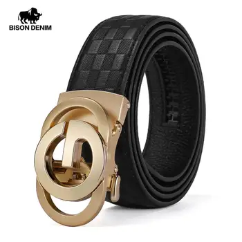 

BISON DENIM Genuine Leather Men Belt Automatic Zinc Alloy Letter Buckle Cow Leahter Belt Fashion High Quality for Male N71570
