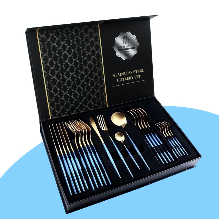 

Luxury stainless steel Portuguese tableware gold-plated paint knife, fork and spoon 24-piece set, fork and spoon gift box set