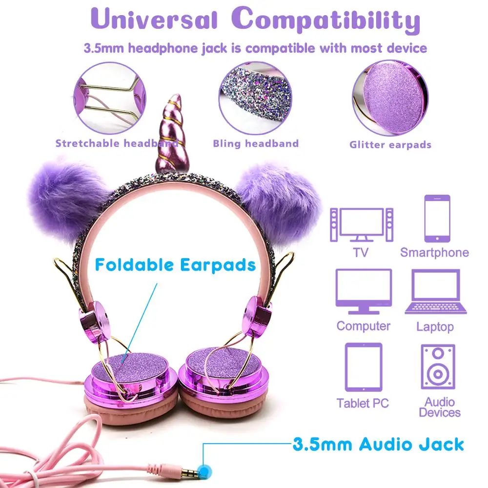 Unicorns Wired Headphone With Microphone Kids Music Stereo Earphone Computer Mobile Phone Game Headset Kids Gift
