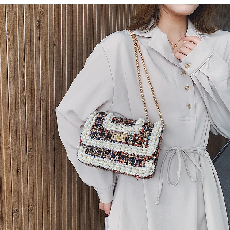 Новая женская дизайнерская сумка, качественная шерстяная плюшевая женская сумка, жемчужная цепочка, сумка через плечо, простая квадратная сумка