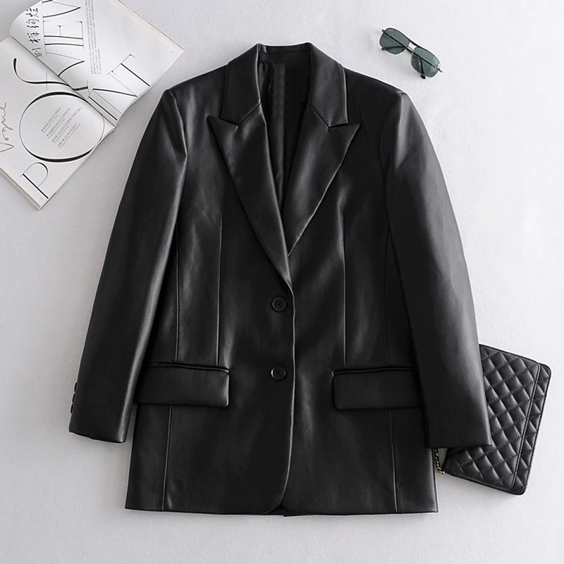 Spring Autumn Women Fashion Black Faux Leather Blazers Coat Solid Pockets Suit Jackets Female Outwear Tops Elegant Blazer Mujer