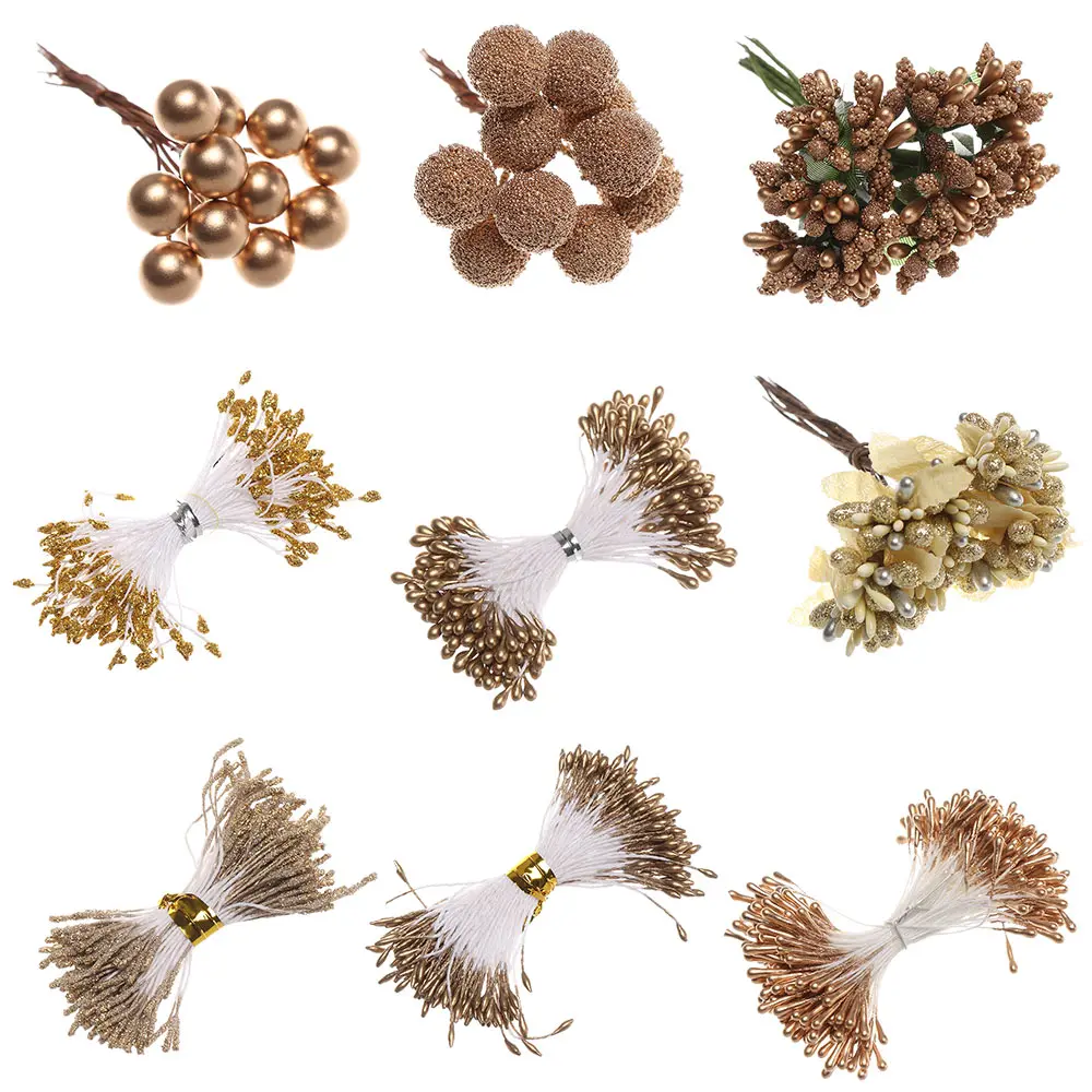 

8/10/12/90/144pcs Gold Mixed Hybrid Flower Cherry Stamen Berries Bundle DIY Cake Christmas Wedding Gift Box Wreaths Decor