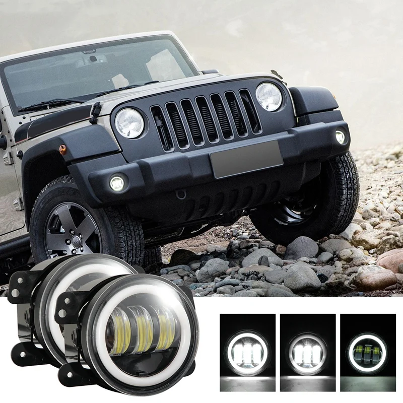 2Pcs 4 Inch Round Led Fog Lights 30W 6000K White Halo Ring Drl Off Road Lamps for Jeep Wrangler Jk Tj Lj Grand Cherokee | Автомобили и