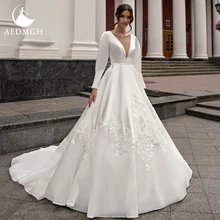 

Aedmgh A-Line Matte Satin Wedding Dresses 2022 Scoop Long Sleeve Robe De Mariee Elegant Appliques Custom Made Vestido De Novia