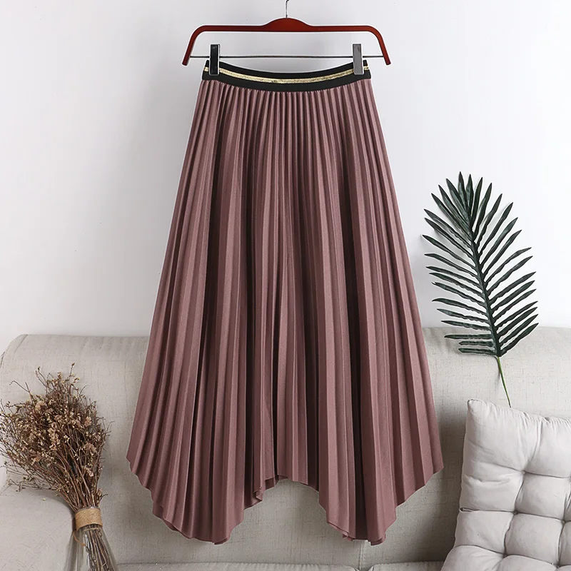 

Autumn Winter 2020 New Women Elastic High Waist Skirts Irregular Pleated Long Skirt Golden Waist Female Maxi Skirts Jupe Femme