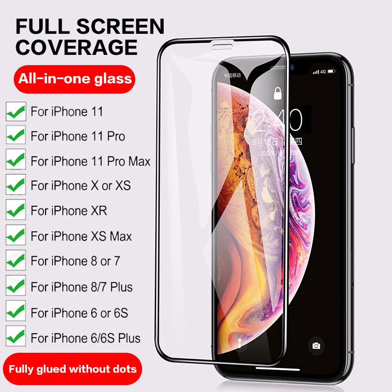 

3D 9H Full Coverage Cover Tempered Glass For XR X XS 11 12 Pro Max Screen Protector Protective Film for iPhone 6 6s 7 8 Plus 5s