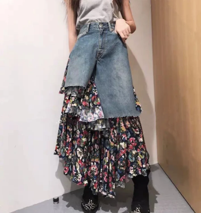 

Fall Winter Long Skirt Women Fashion Trend High-waist Retro Printing Stitching Jeans Irregular Skirt Womens Skirts Mujer 2019