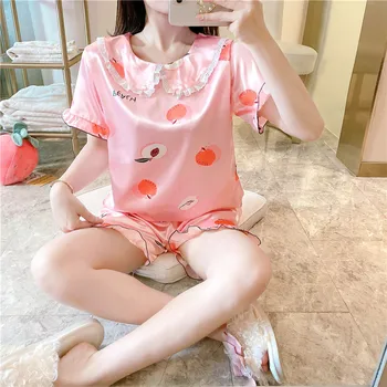 

2pcs Faux Silk Satin Pajama Set Cartoon Ladies Summer Fruit Print Sleepwear Sleep Top+Shorts Loungewear Thin Soft Korean S081