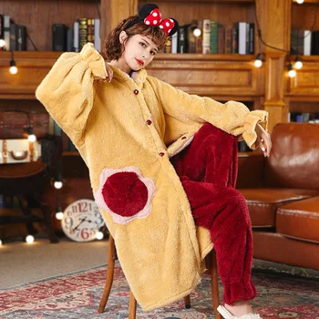 

Kimono Robe Set Bathrobe Gown 2PCS Pajamas Winter New Warm Nightwear Hooded Women Sleepwear Flannel Casual Home Clothing