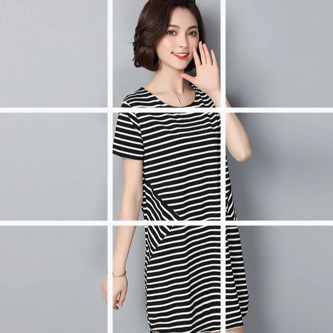 

New Style Fat Mm Dress Large Size Summer Wear New Style 200 Loose-Fit Slimming Black And White with Pattern Stripes Short-sleeve