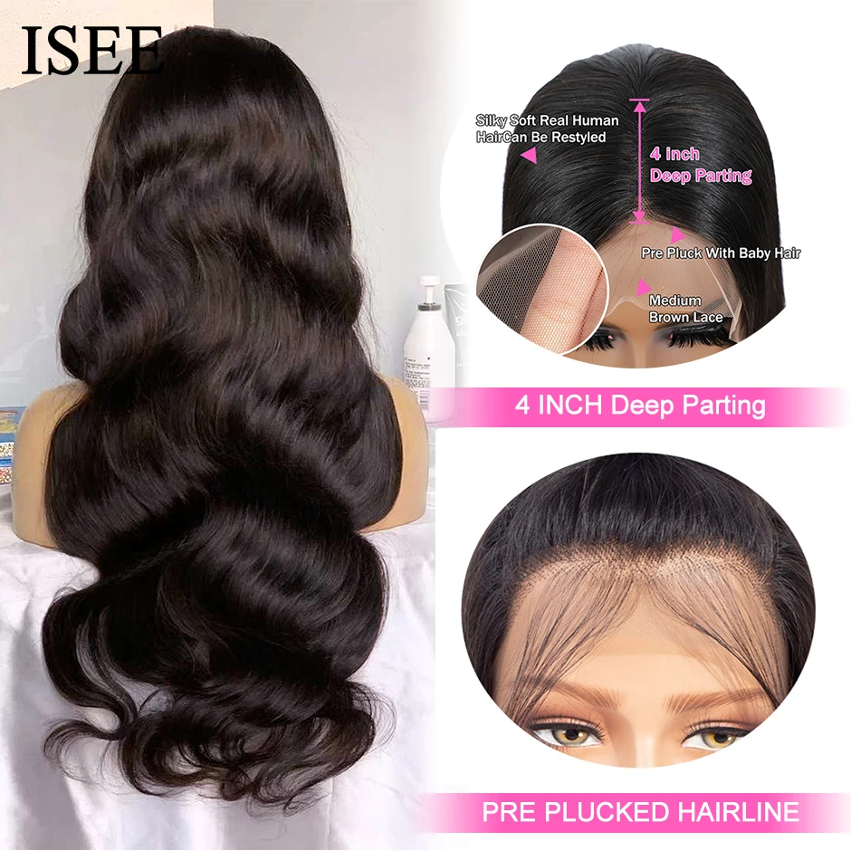 40 Inch Long Body Wave Lace Front Human Hair Wigs For Women 180% Density ISEE HAIR Brazilian Body Wave Lace Front Human Hair Wig