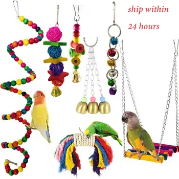 

7pcs Bird Swing Blocks Cotton Rope Chew Wooden Bird Toys For Parrots Hanging Bridge String with Bells Swing Colorful Parrot Toys