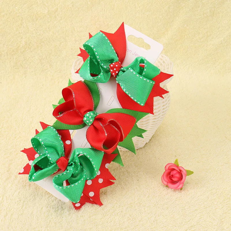 

2Pcs/lot Christmas Hair Bows for Girls with Clips Handmade Solid Red/Green Bowknot Hairgrips Party Dance Kids Hair Accessories
