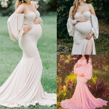 

Long Maternity Gown Pregnancy Dress Chiffon Solid Trumpet Ankle-Length Dress Shoulderless Formal Women Pregnancy Dress Clothes