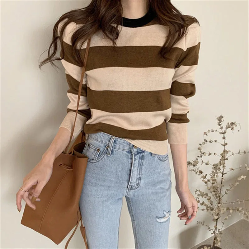 New Black Office Lady Basic Sweater Casual Striped Patchwork Slim Knit Jumper For Women Autumn Winter 2020 Sweater Coat Mujer