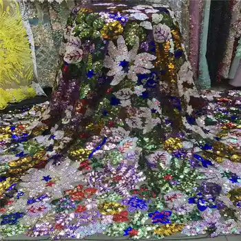 

High Quality African Lace Fabrics Multicolor French Net Embroidery Sequins Tulle Lace Fabric For Nigerian Party Dress H2135-1