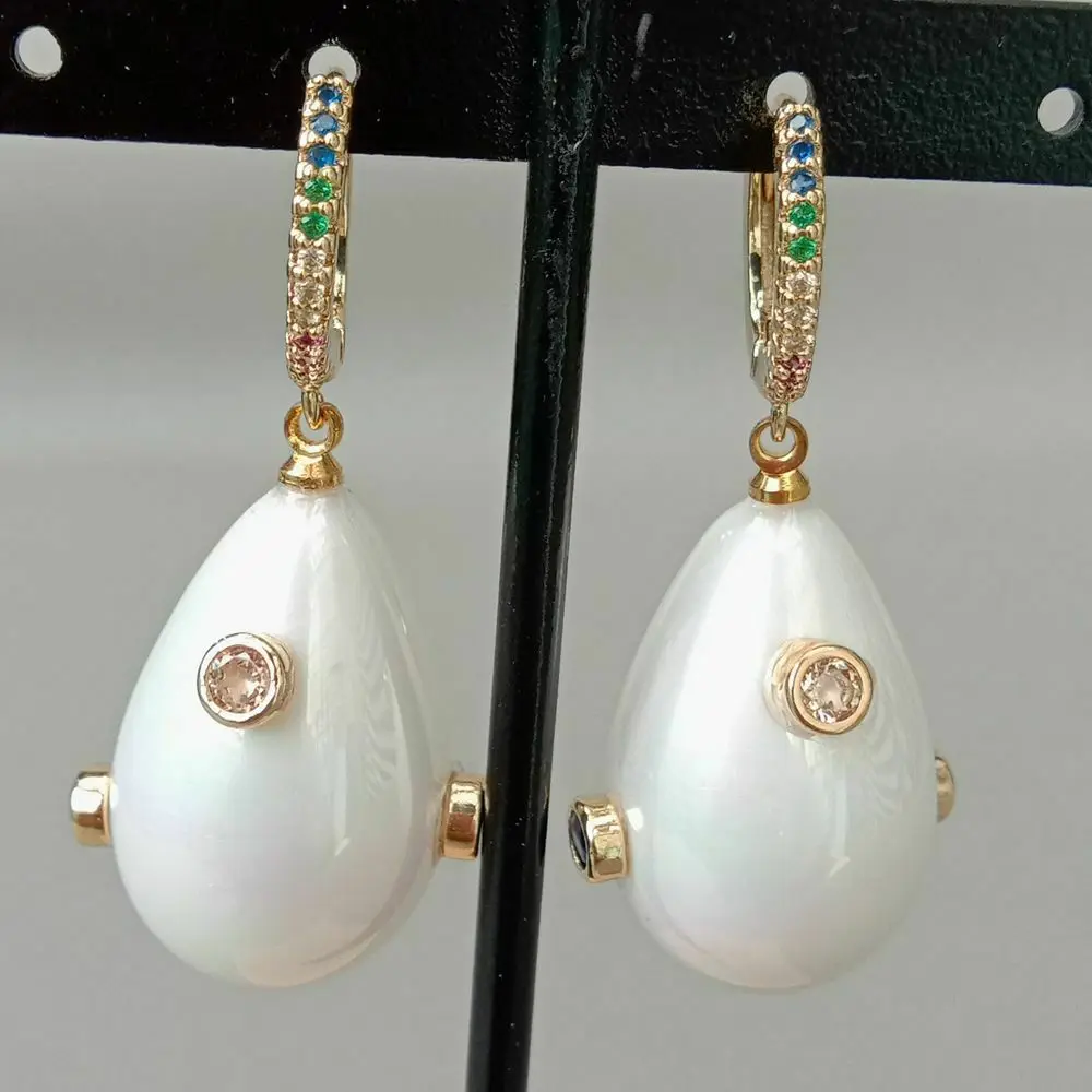 Teardrop White Sea Shell Pearl Mixed color Cz Pave Lever back Earrings