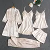 Sleepwear Female 5PCS Pajamas Set Satin Pyjamamas Lace Patchwork Bridal Wedding Nightwear Rayon Home Wear Nighty&Robe Suit ► Photo 2/6