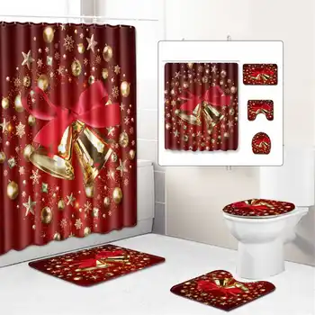 

4PCS/Set Red Bell Christmas Shower Curtain 180x180cm Waterproof Bathroom Curtain Toilet Cover Mat Non-Slip Rug Set Bathtub Decor