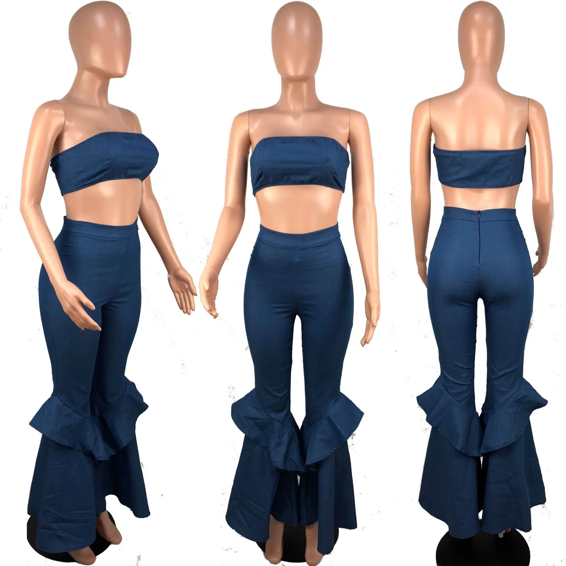 Пикантные джинсовые женский комплект 2 шт. брюки и CropTop-голубым воротом, женские, с расклешенным комплект со штанами Повседневное Для женщин набор в комплекте с набором подходящих сумочек плюс Размеры
