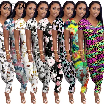 

Leopard Tie Dye Floral Butterfly Print Two Piece Tracksuit Women V Neck Short Skeeve T Shirt And Fitness Legging Summer Clothing