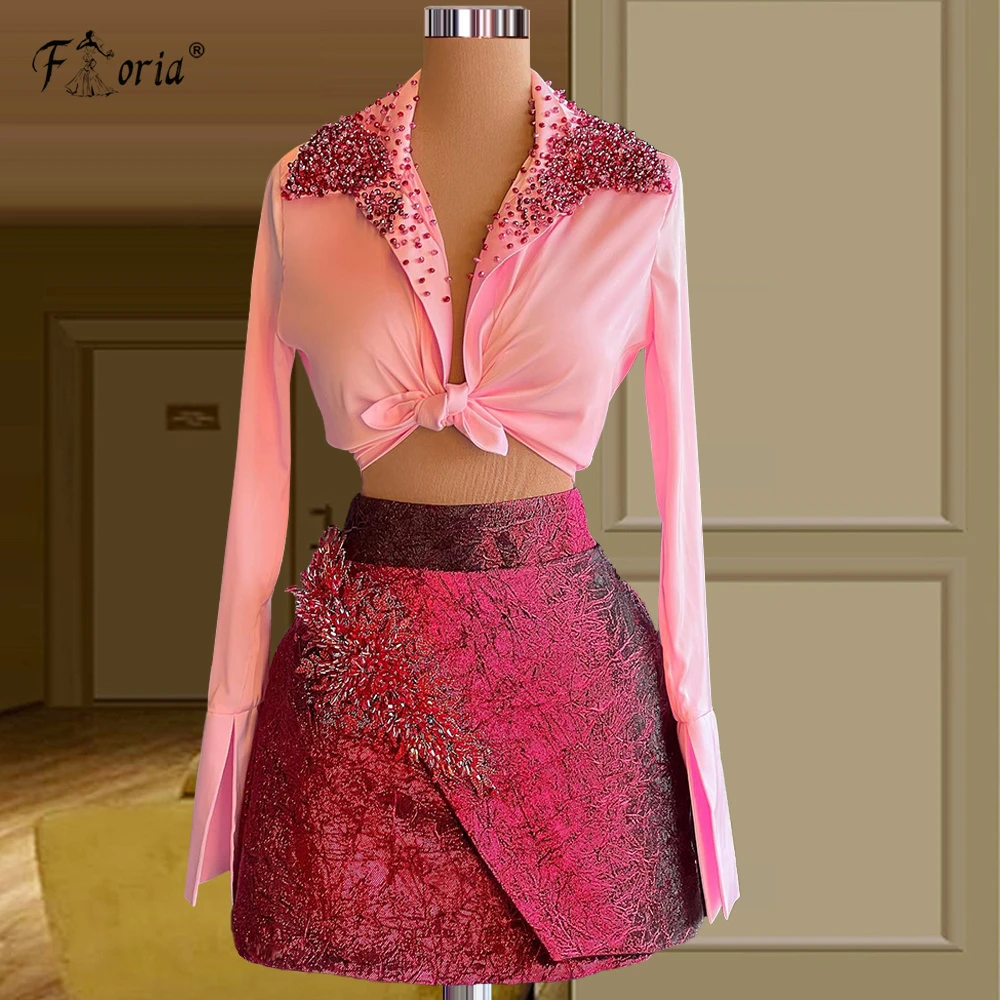 Conjunto de dos piezas para mujer, minivestido de graduación de manga larga,  blusa rosa con cuentas, camisa y Falda corta roja, trajes de moda para  otoño|Vestidos de graduación| - AliExpress
